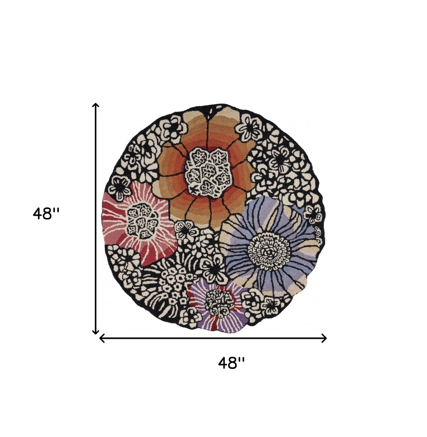 4' Round Red and Black Floral Area Rug-6