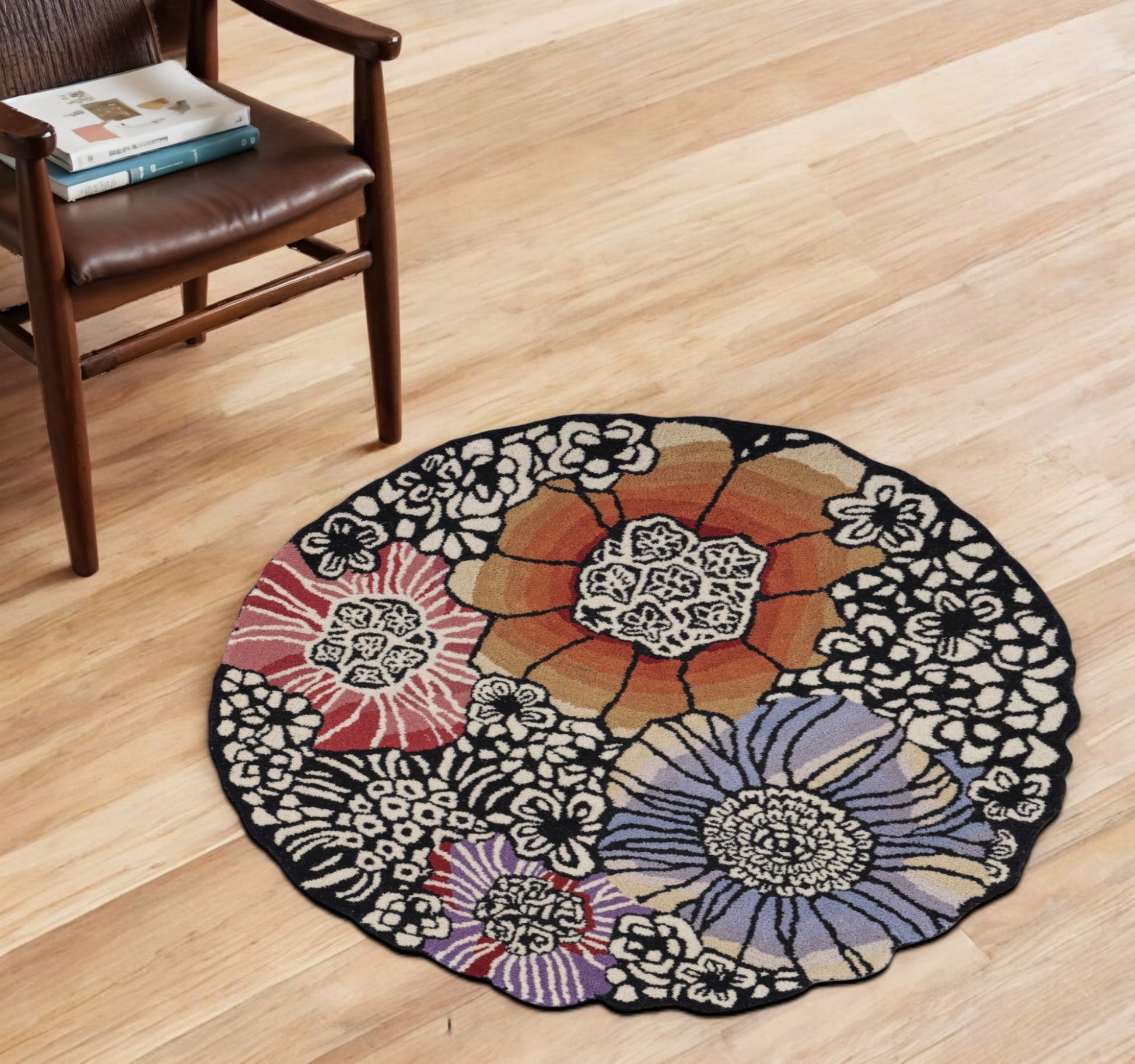 4' Round Red and Black Floral Area Rug-0