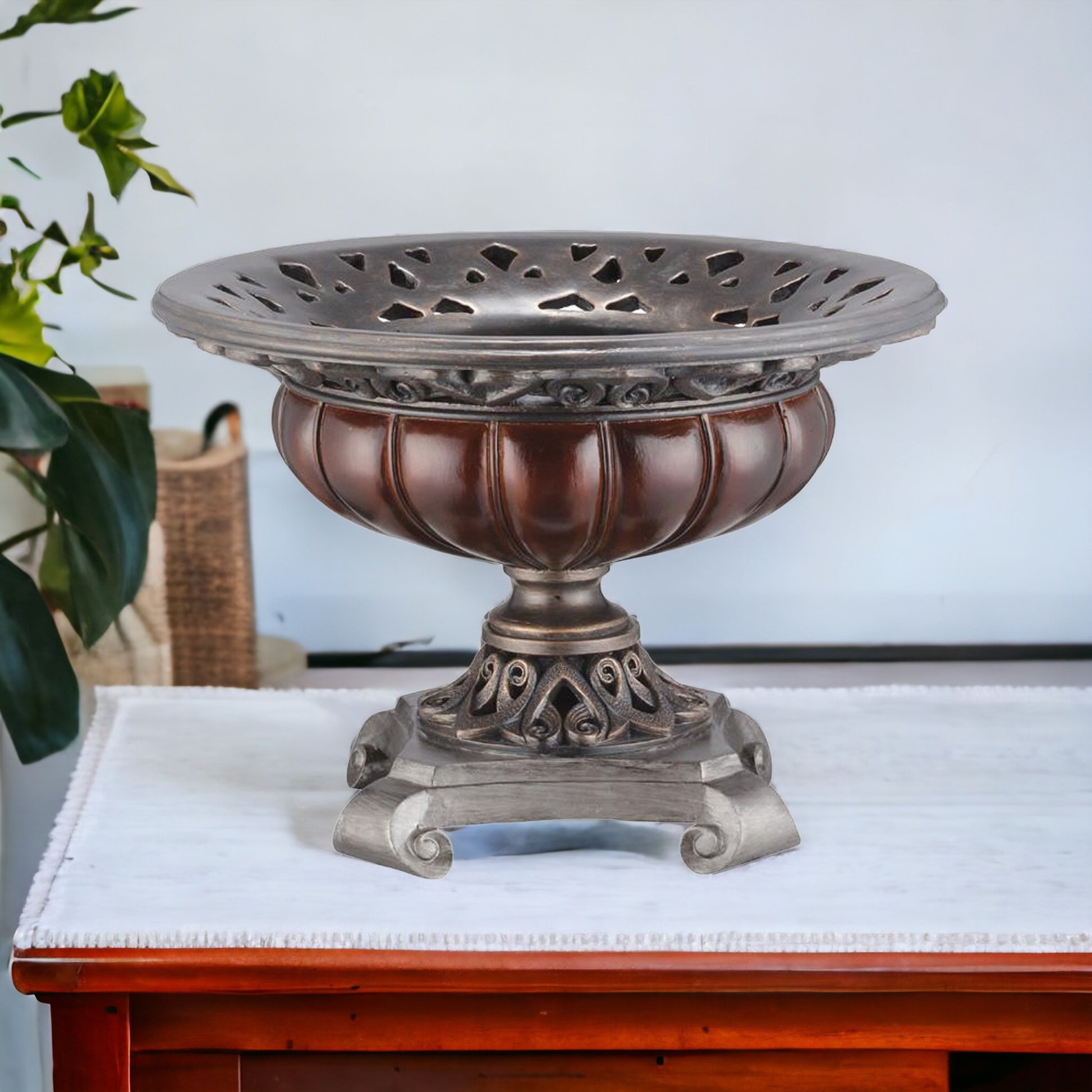 9" Silver and Bronze Polyresin Decorative Centerpiece Pedestal Bowl-2