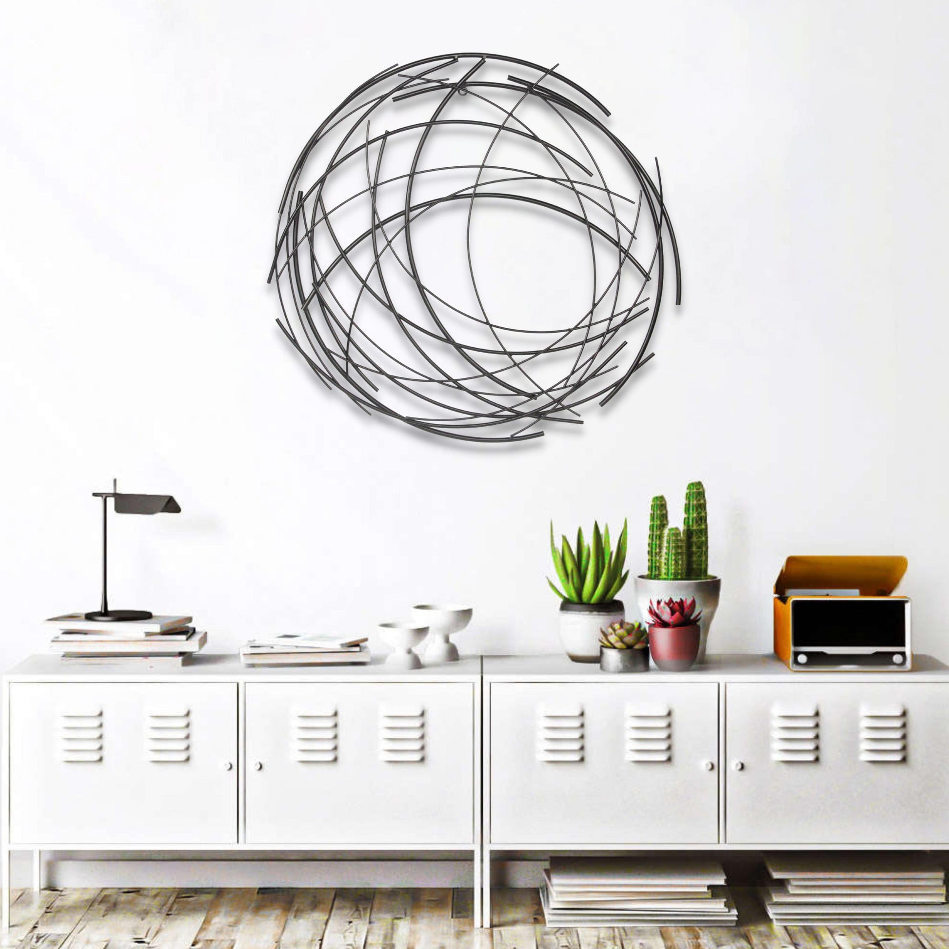 26" X 26" Black Metal Abstract Lines Round Hanging Dimensional Sculpture-7