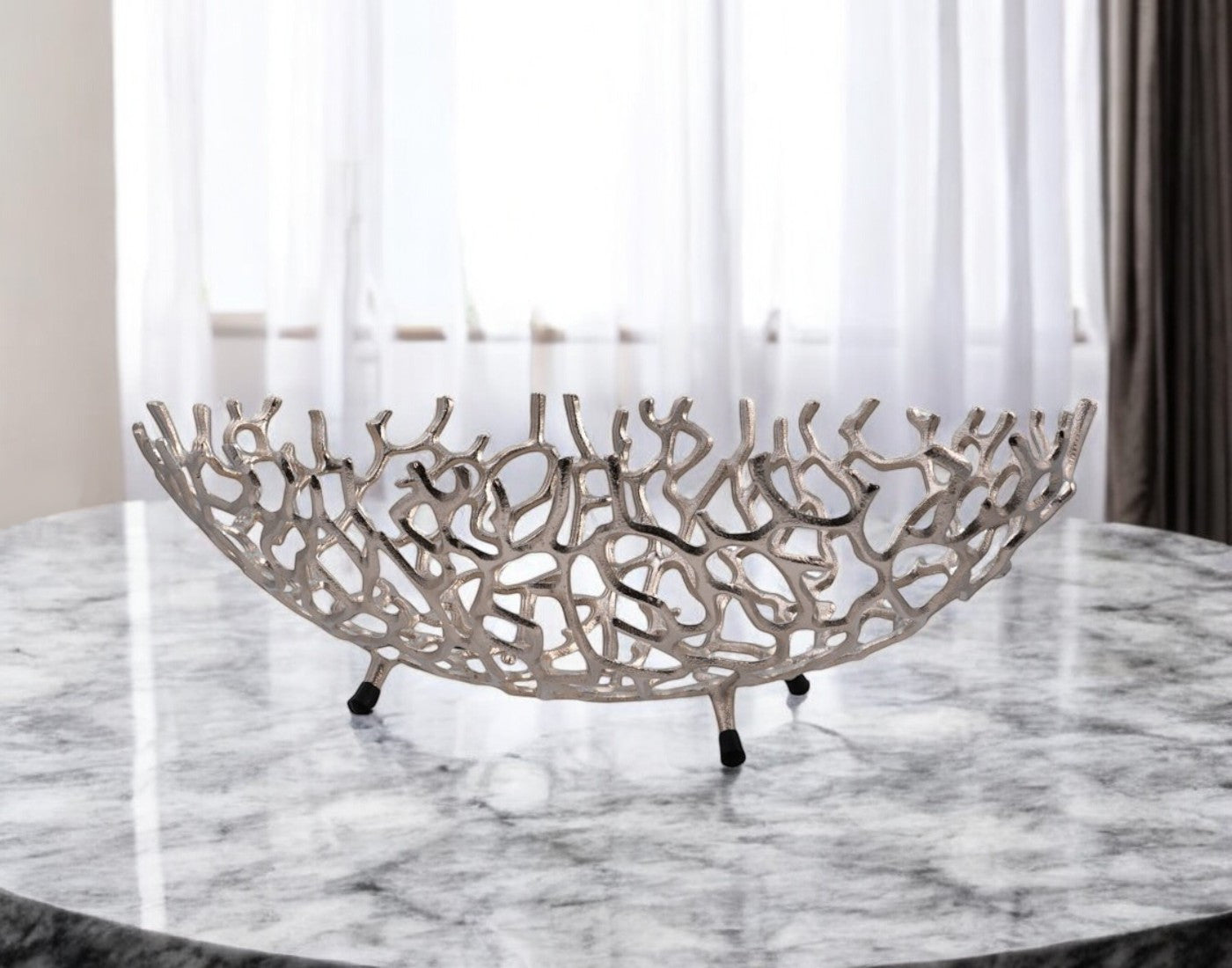 22" Silver Aluminum Faux Coral Oval Centerpiece Bowl-0