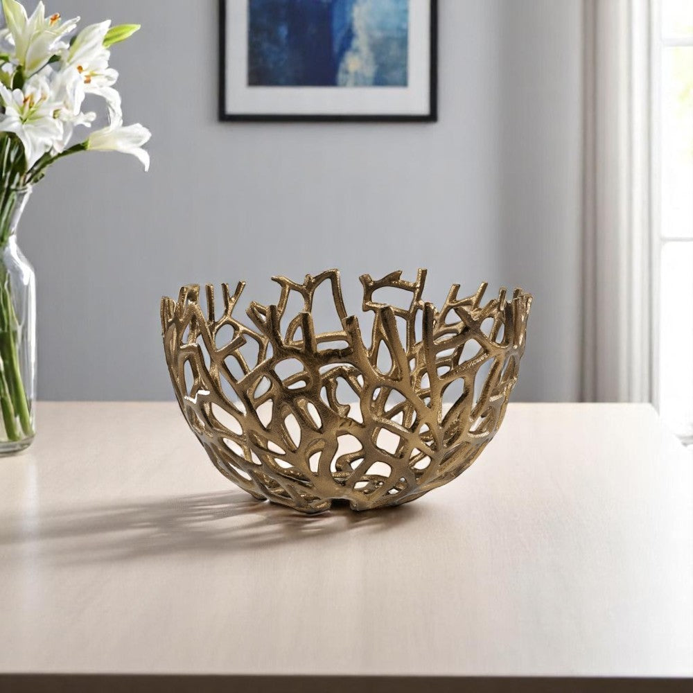 14" Gold Aluminum Coral Decorative Round Bowl-0