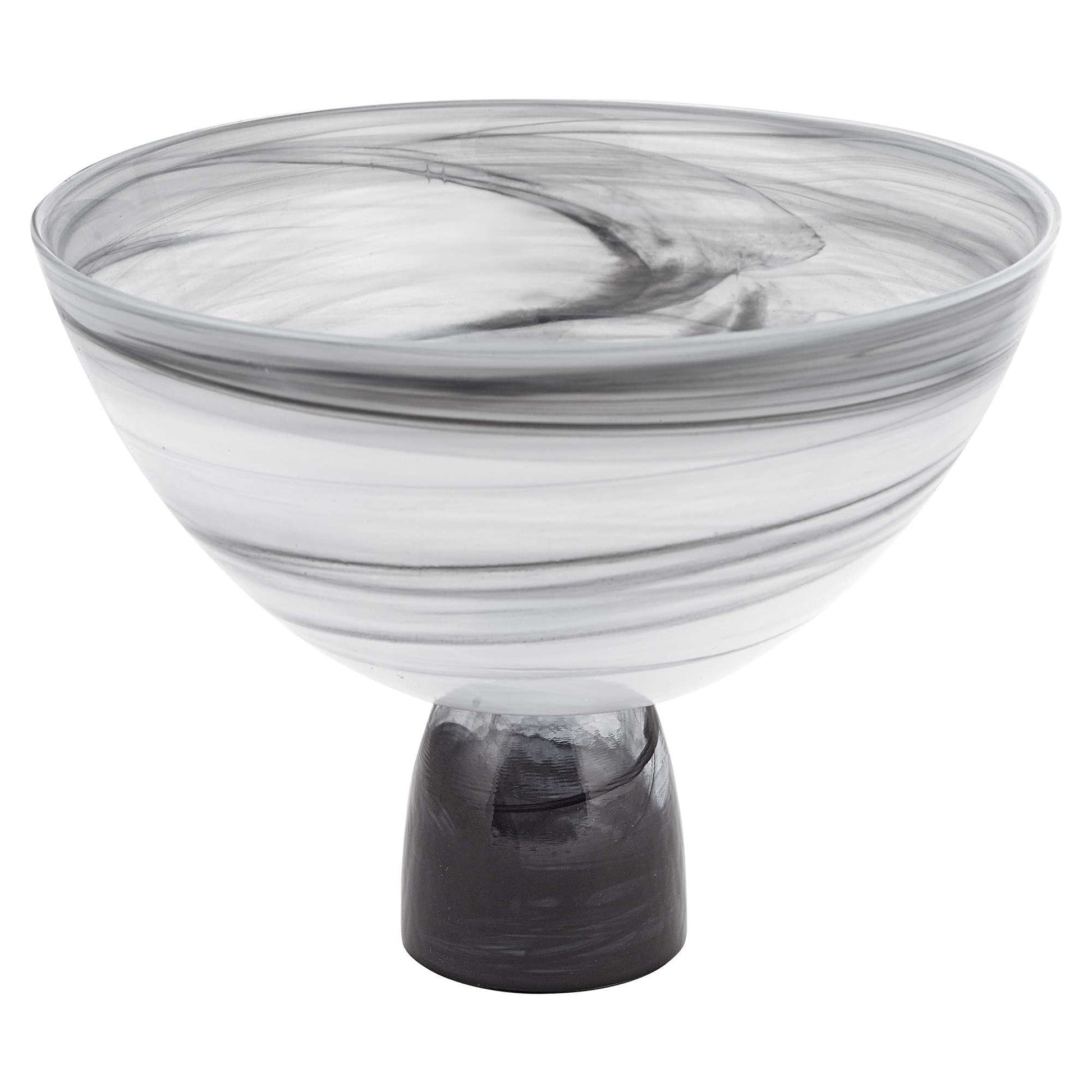 10" Black and Gray Swirl Mouth Blown Glass Footed Centerpiece Bowl-1