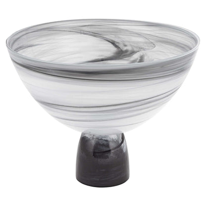 10" Black and Gray Swirl Mouth Blown Glass Footed Centerpiece Bowl-1