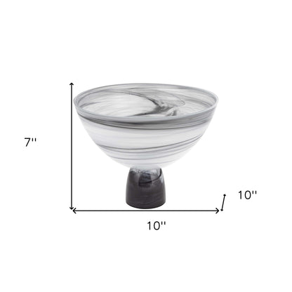 10" Black and Gray Swirl Mouth Blown Glass Footed Centerpiece Bowl-6