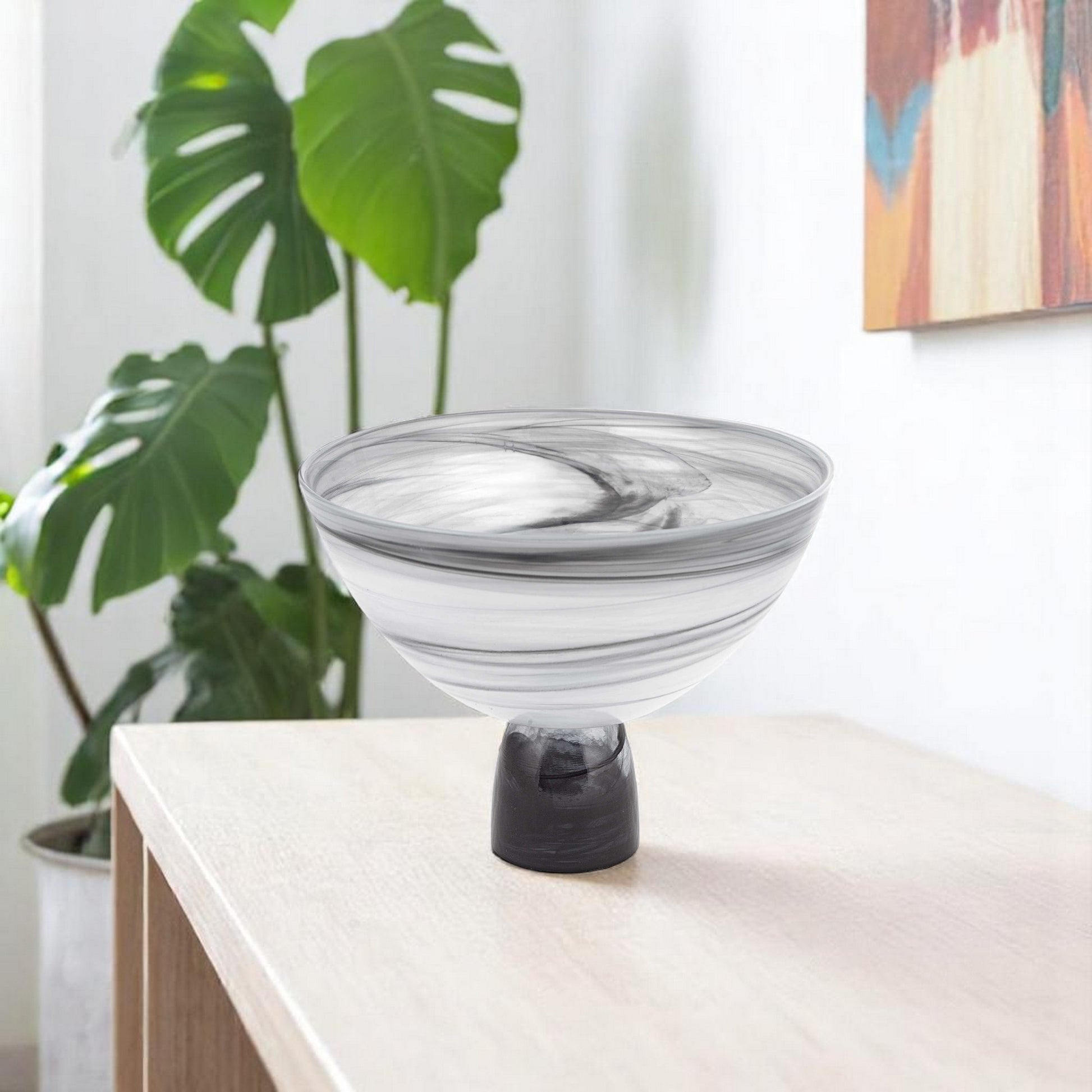 10" Black and Gray Swirl Mouth Blown Glass Footed Centerpiece Bowl-0