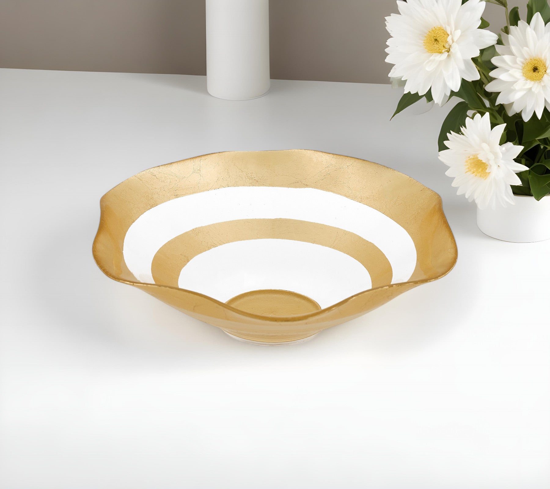 9" Clear and Gold Glass Round Ruffle Centerpiece Bowl-0