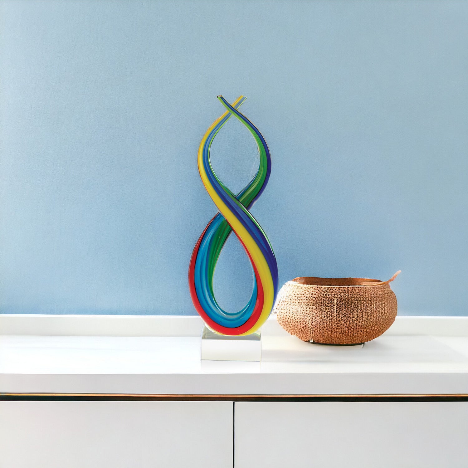 16" Clear Red Blue Yellow Murano Glass Modern Abstract Tabletop Sculpture-1