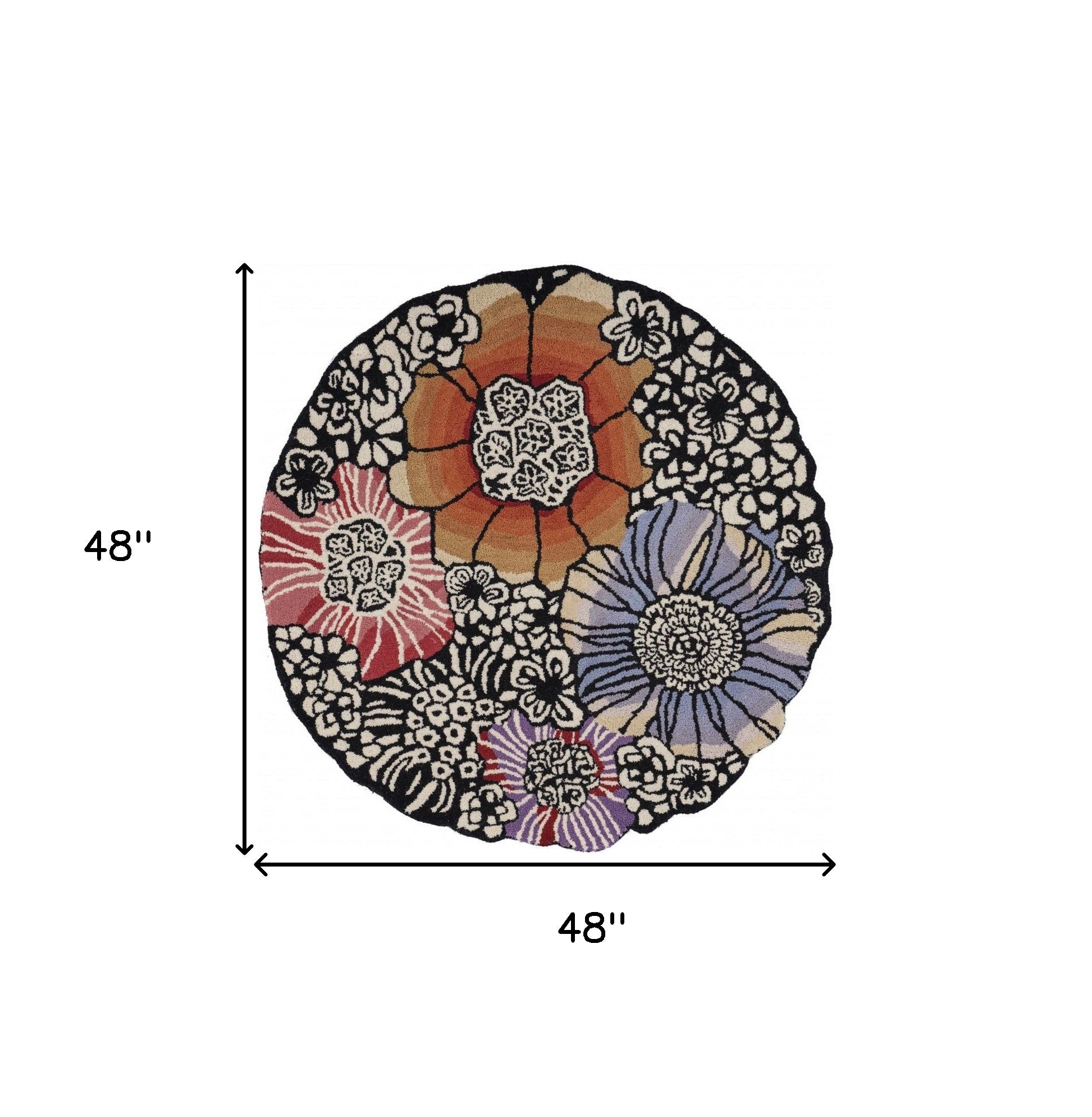 4' Round Red and Black Floral Area Rug-6