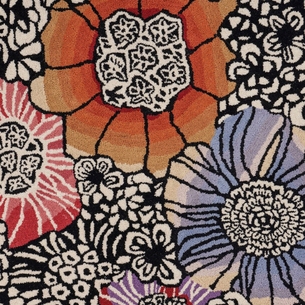 4' Round Red and Black Floral Area Rug-2