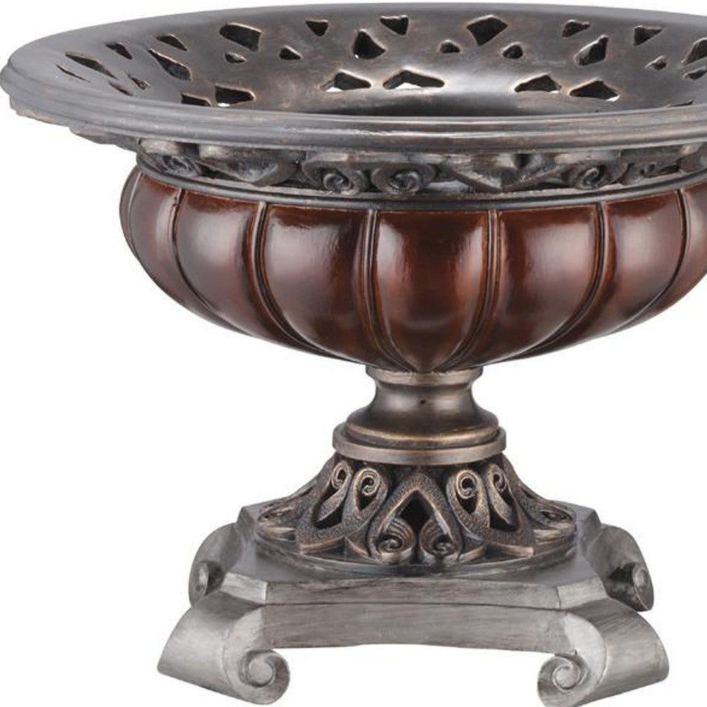 9" Silver and Bronze Polyresin Decorative Centerpiece Pedestal Bowl-4