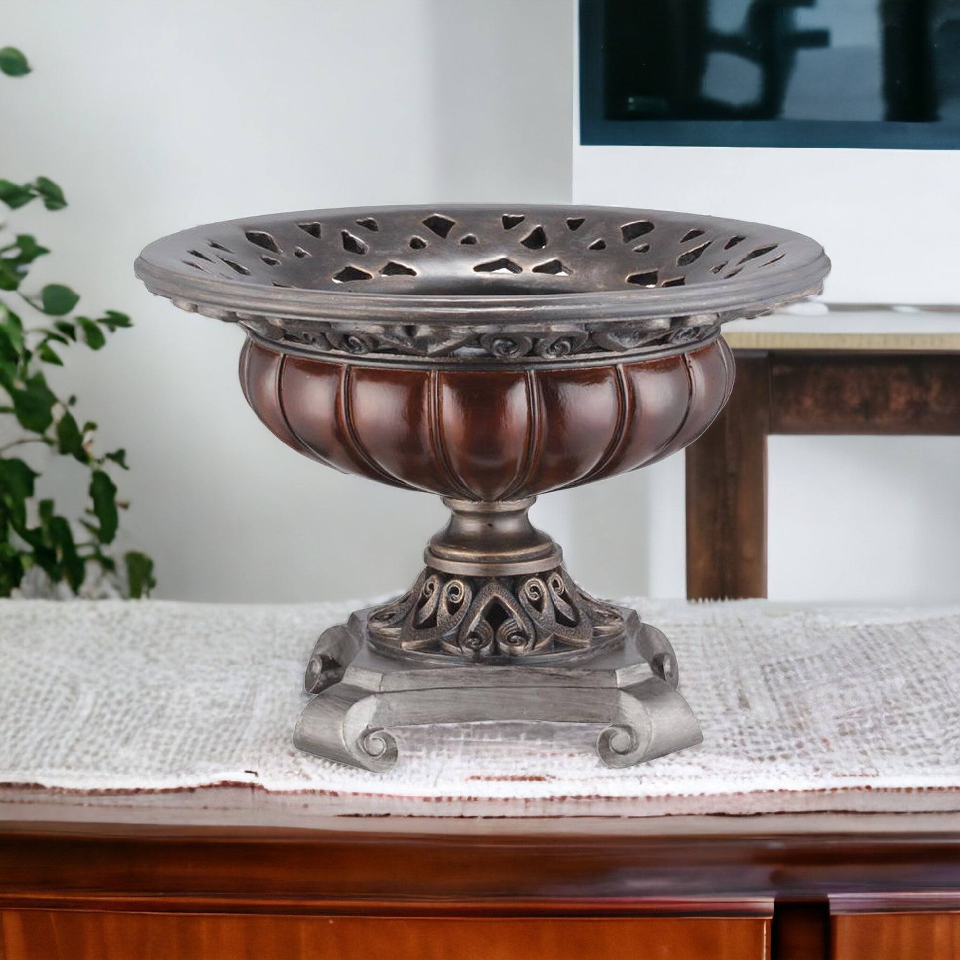 9" Silver and Bronze Polyresin Decorative Centerpiece Pedestal Bowl-1