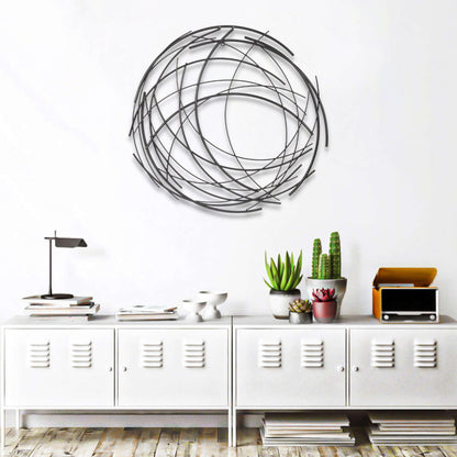 26" X 26" Black Metal Abstract Lines Round Hanging Dimensional Sculpture-7