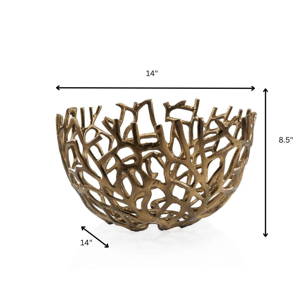 14" Gold Aluminum Coral Decorative Round Bowl-4