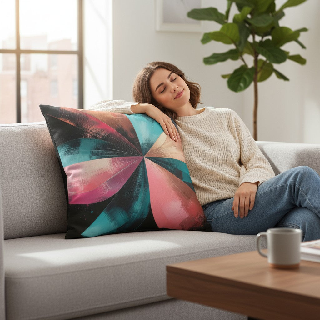 Radiant Bloom — Teal & Coral Accent Pillow