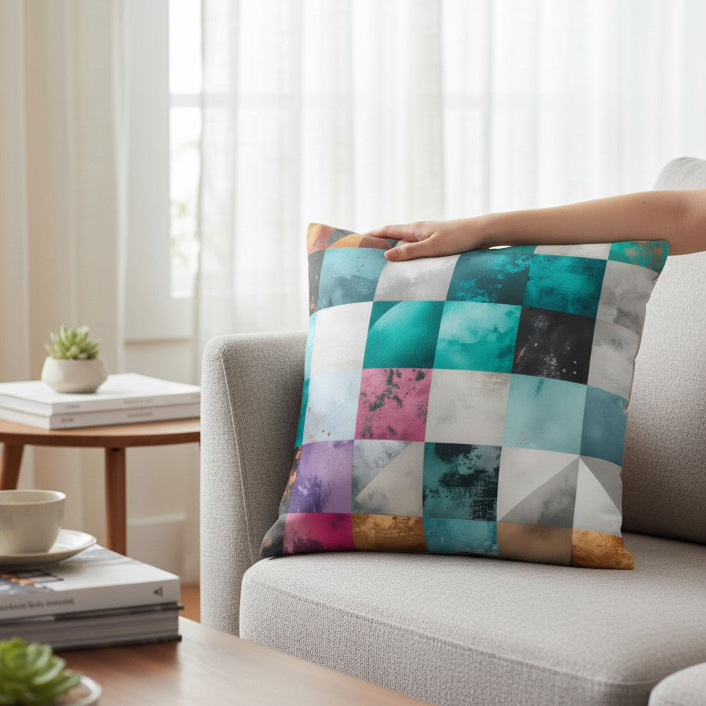 Chromatic Mosaic — Teal & Copper Accent Pillow