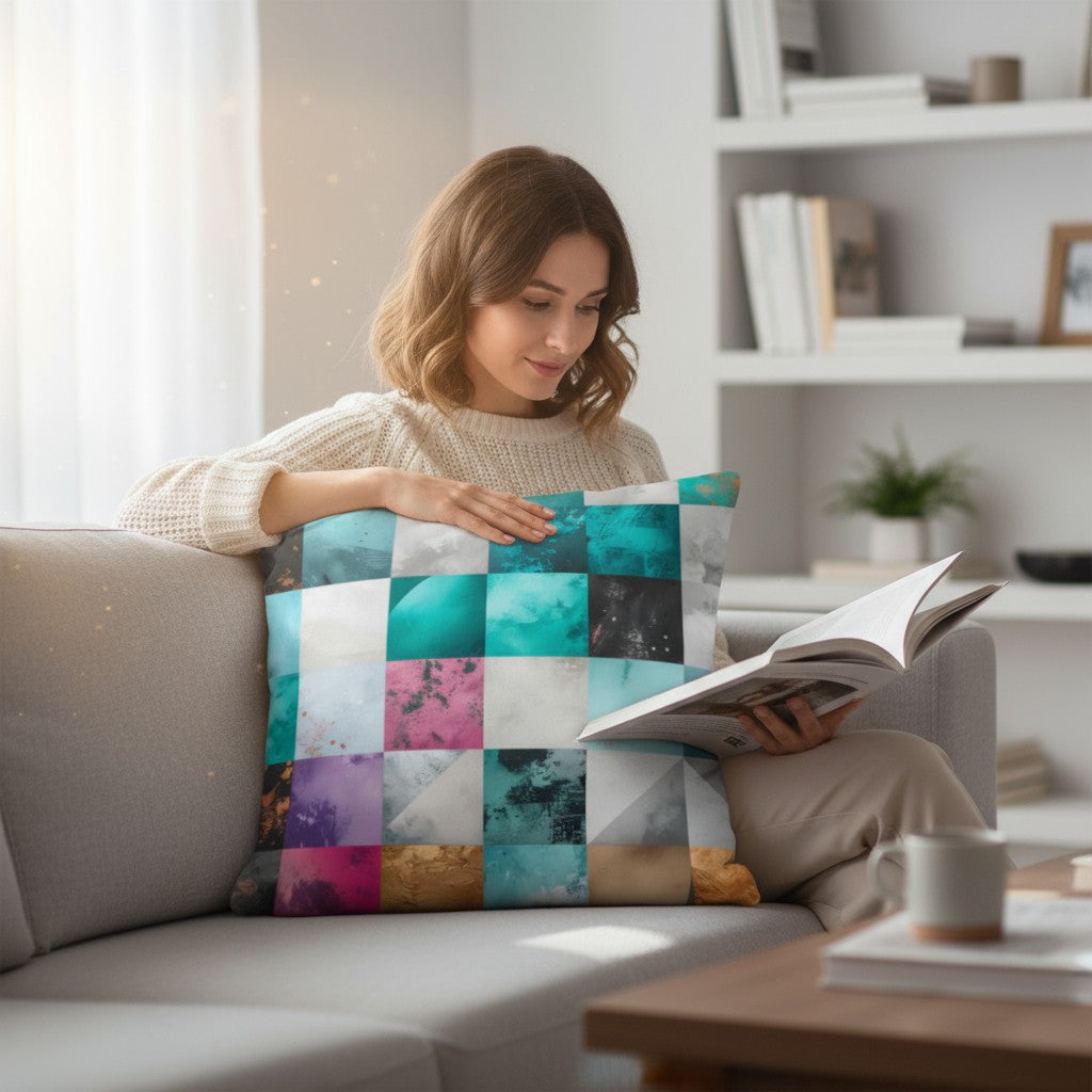 Chromatic Mosaic — Teal & Copper Accent Pillow