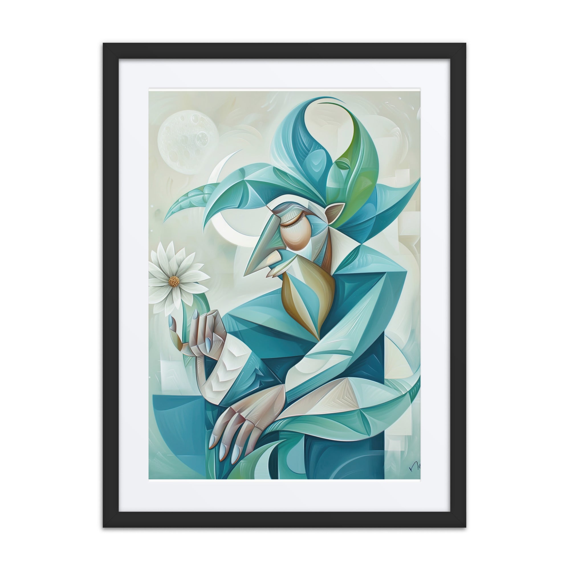 Blue abstract portrait artwork with geometric shapes in a framed 18x24 wall art print