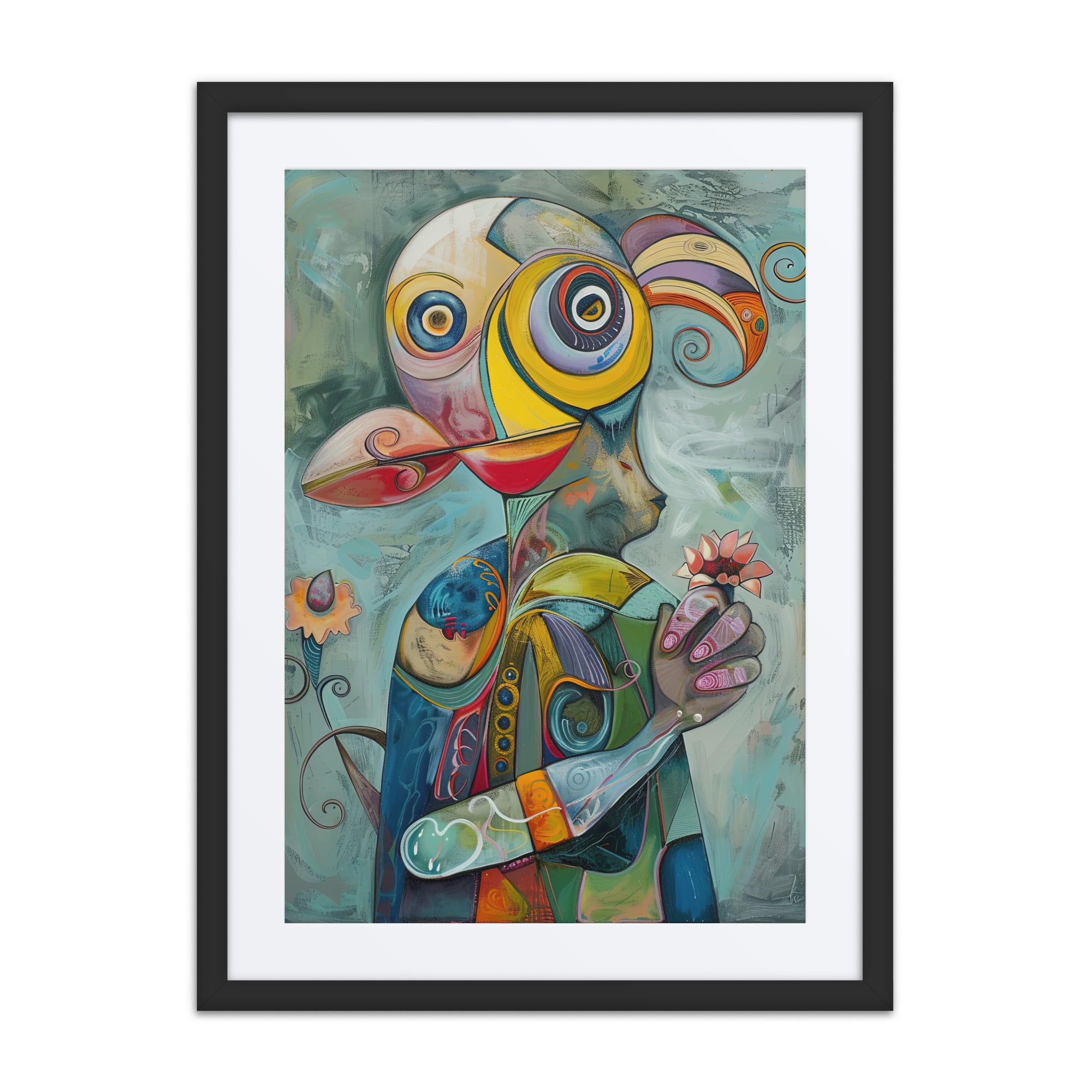 Abstract portrait artwork with geometric and mechanical-inspired shapes in a framed 18x24 wall art print