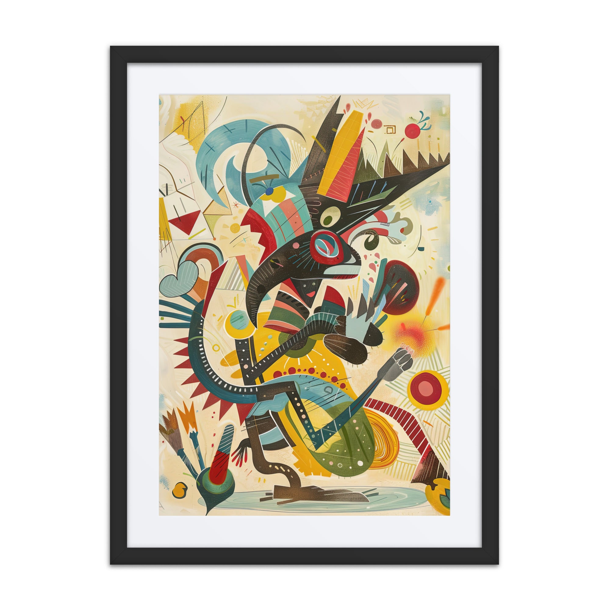 Abstract colorful portrait artwork with geometric shapes in a black framed 18x24 wall art print