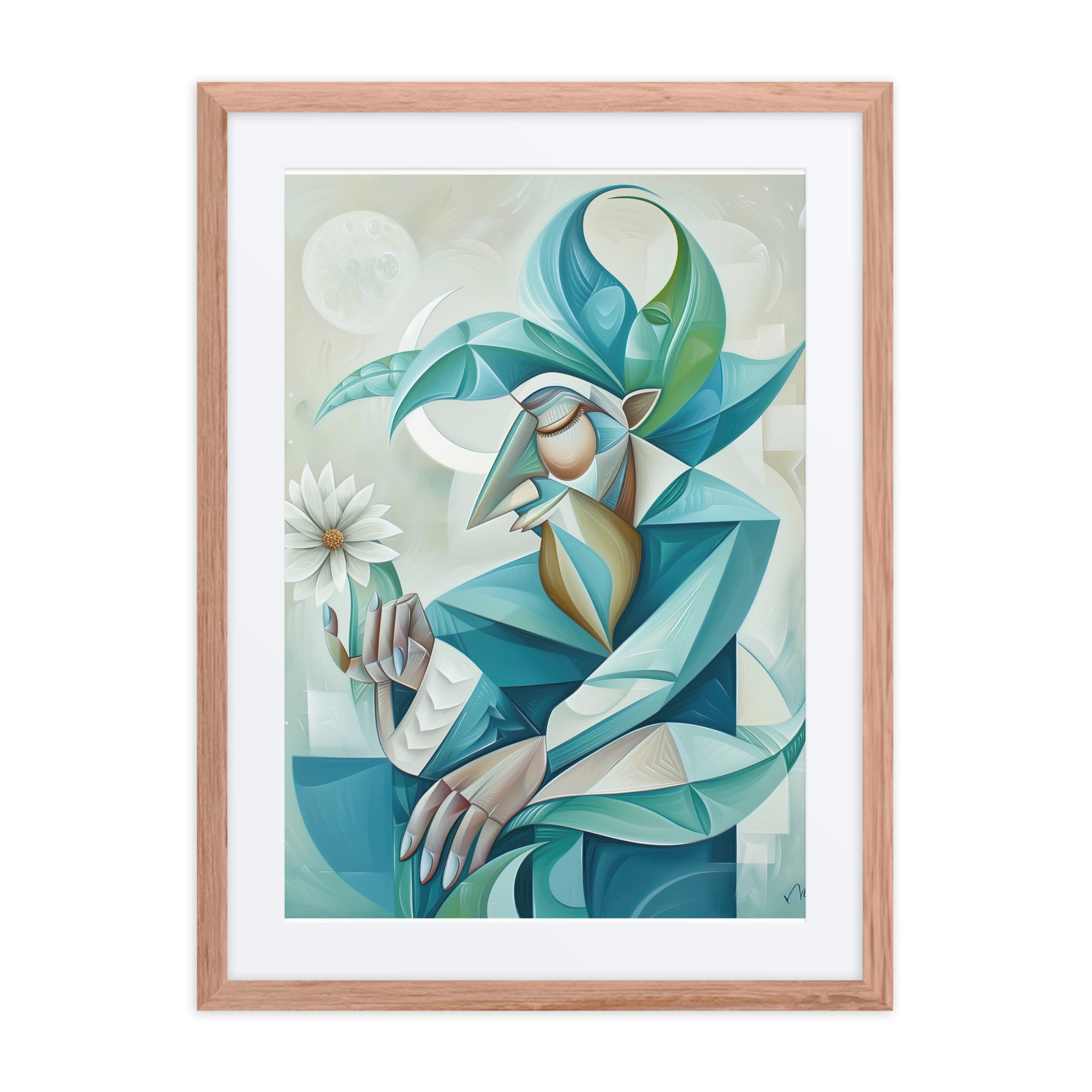 Blue abstract portrait artwork with geometric shapes in a framed 18x24 wall art print