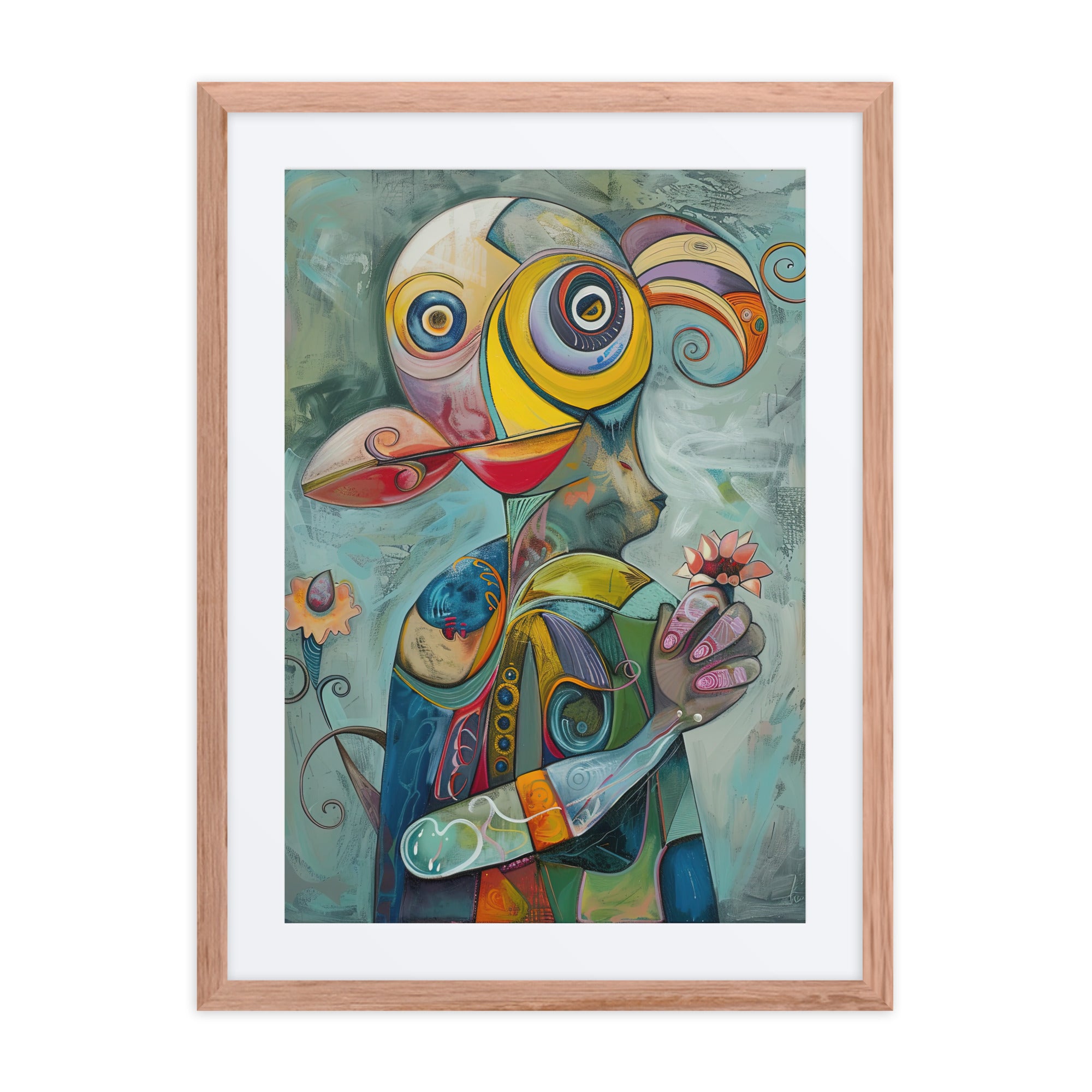 Abstract portrait artwork with geometric and mechanical-inspired shapes in a framed 18x24 wall art print