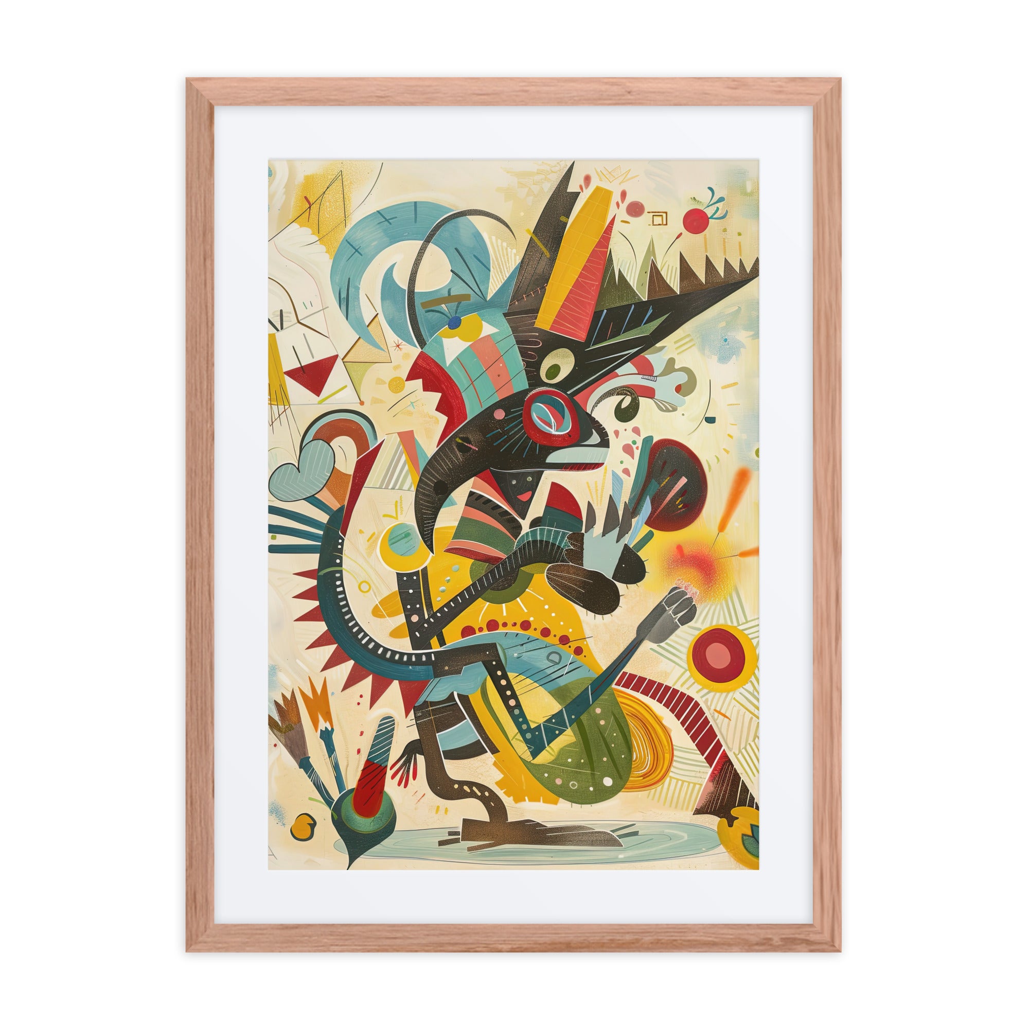 Abstract colorful portrait artwork with geometric shapes in a black framed 18x24 wall art print