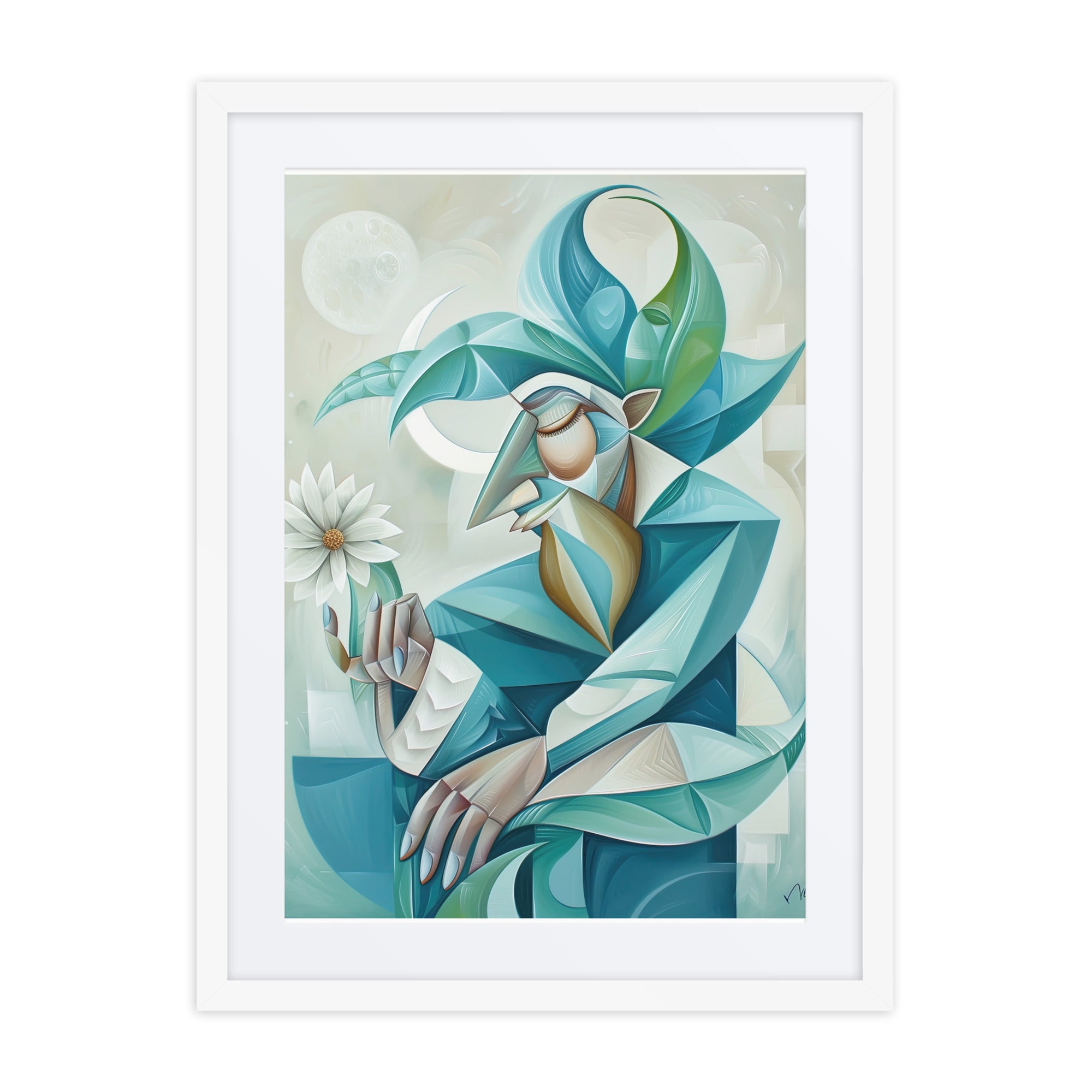 Blue abstract portrait artwork with geometric shapes in a framed 18x24 wall art print