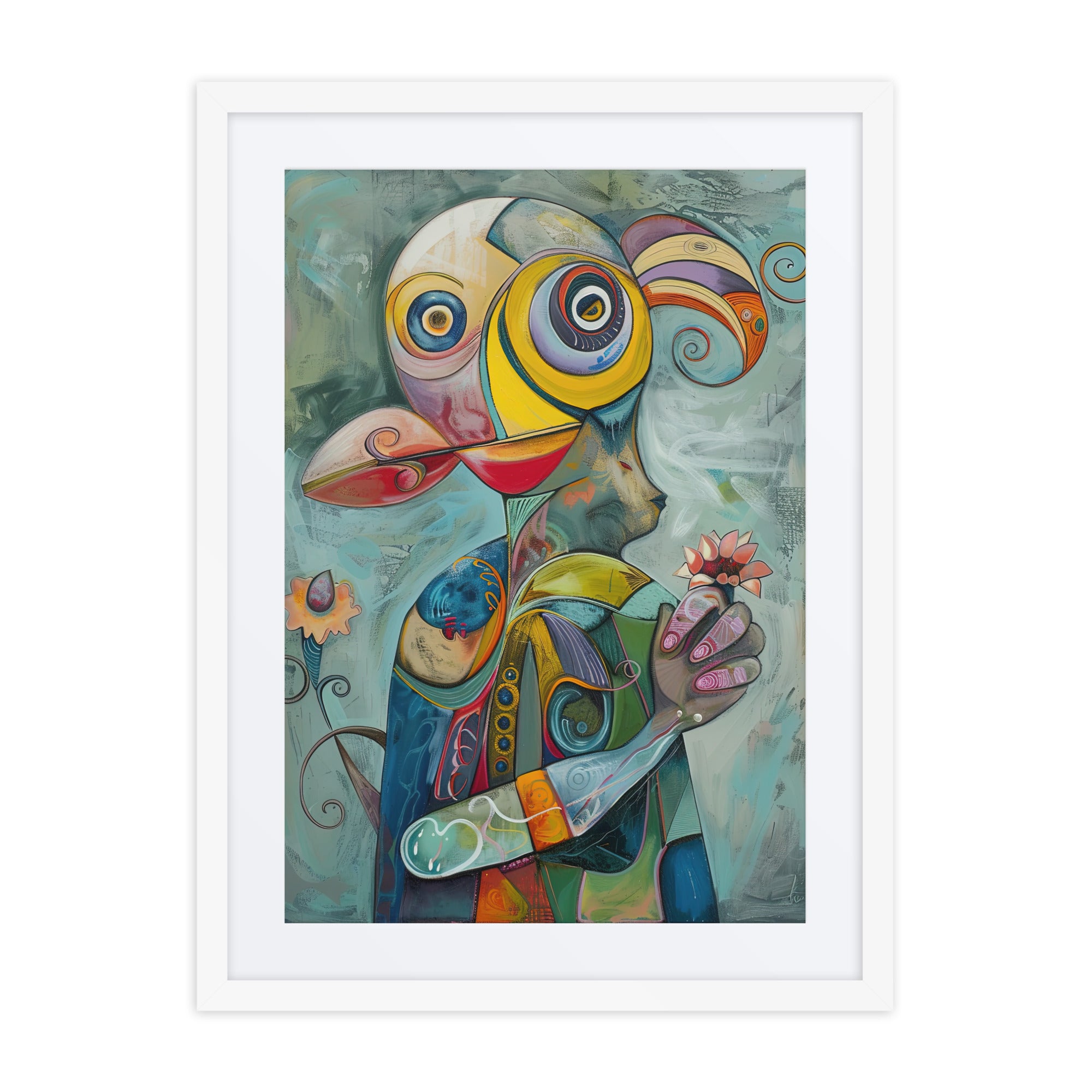 Abstract portrait artwork with geometric and mechanical-inspired shapes in a framed 18x24 wall art print