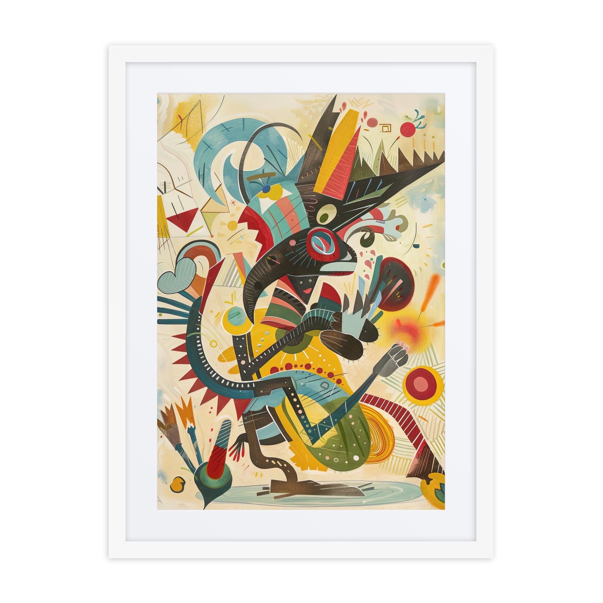 Abstract colorful portrait artwork with geometric shapes in a black framed 18x24 wall art print